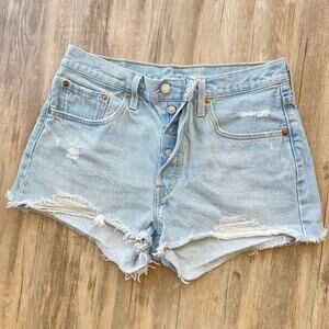 Levi’s 501 Distressed High Rise Denim Shorts Blue Button Fly Women’s Size 30